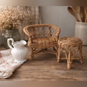 3 piece mini set: Mini Wicker Chair & Ottoman — Cottagecore / Shelf Decor